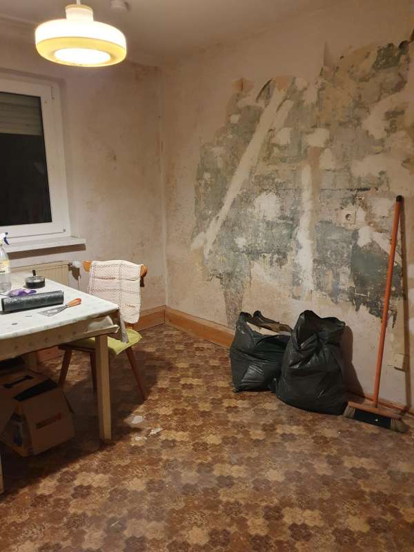 BAU.DE / BAU-Forum: 1. Bild zu Frage "Dunkler Anstrich mit Muster aus fr&uuml;heren Zeiten - h&auml;lt ein Putz darauf?" im BAU-Forum "Innenw&auml;nde"