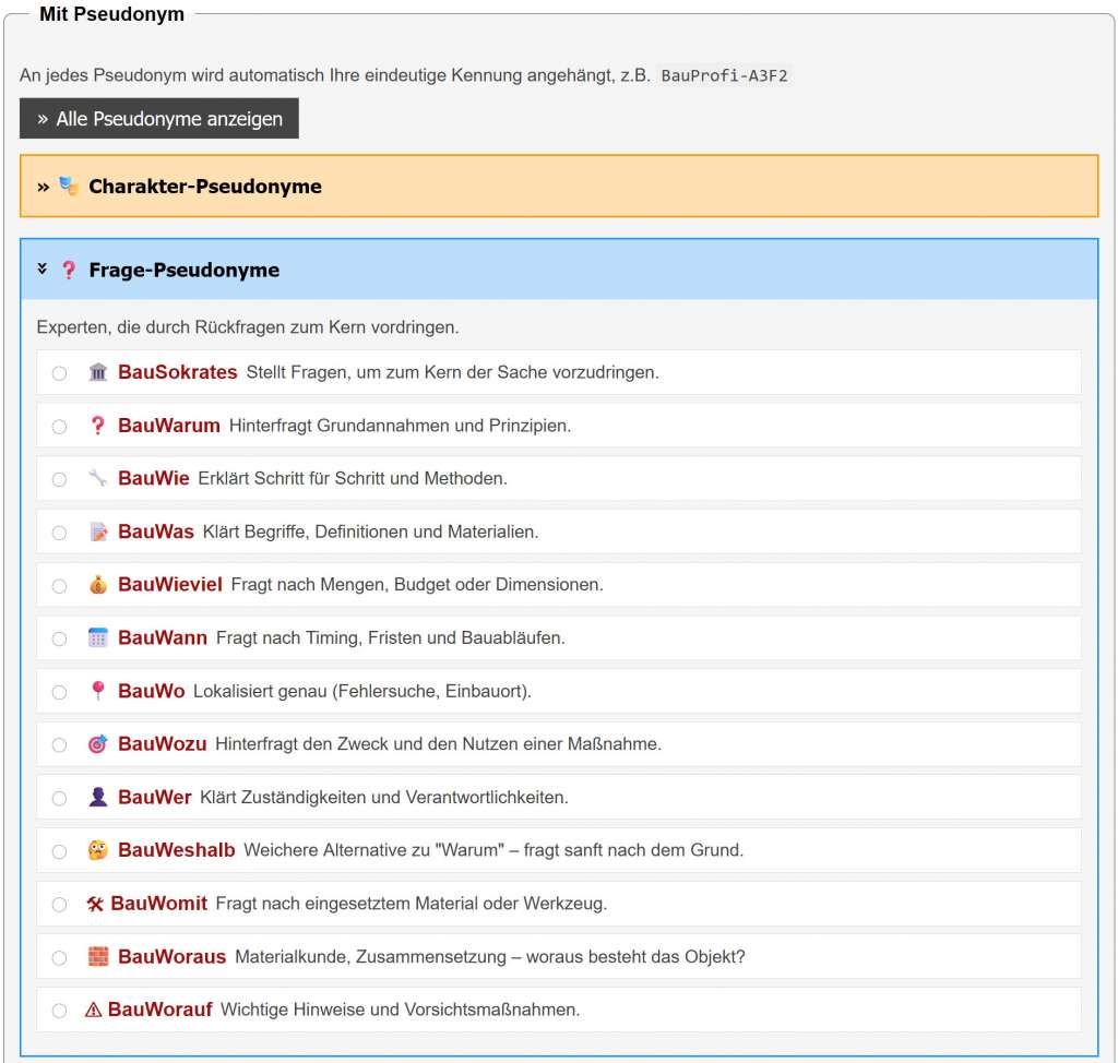 BAU.DE / BAU-Forum: 2. Bild zu Frage "Pseudonyme für Antwortengeber: BauSokrates und die KI-Task-Force im Bauforum" im BAU-Forum "Das Forum &uuml;ber unsere Foren - Anregungen, Kritik, Vorschl&auml;ge f&uuml;r neue Foren etc."
