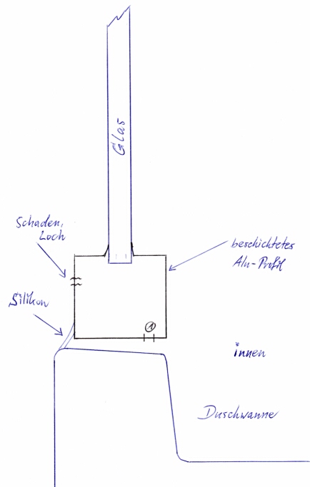 BAU.DE / BAU-Forum: 1. Bild zu Frage "Loch in Duschkabine Aufgrund fehl. Silikonfuge?" im BAU-Forum "Sanit&auml;r, Bad, Dusche, WC"