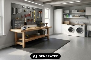 Ergonomische Bodenbel&auml;ge f&uuml;r Werkstatt und Hauswirtschaftsraum planen - Bild: KI-generiert / BAU.DE