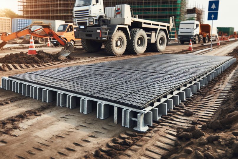 Eine Fahrbahnplatte ist ein robustes, tragfähiges Bauelement, das vorübergehend auf Baustellen oder temporären Wegen eingesetzt wird, um den Untergrund zu schützen und eine stabile Fahrfläche zu gewährleisten